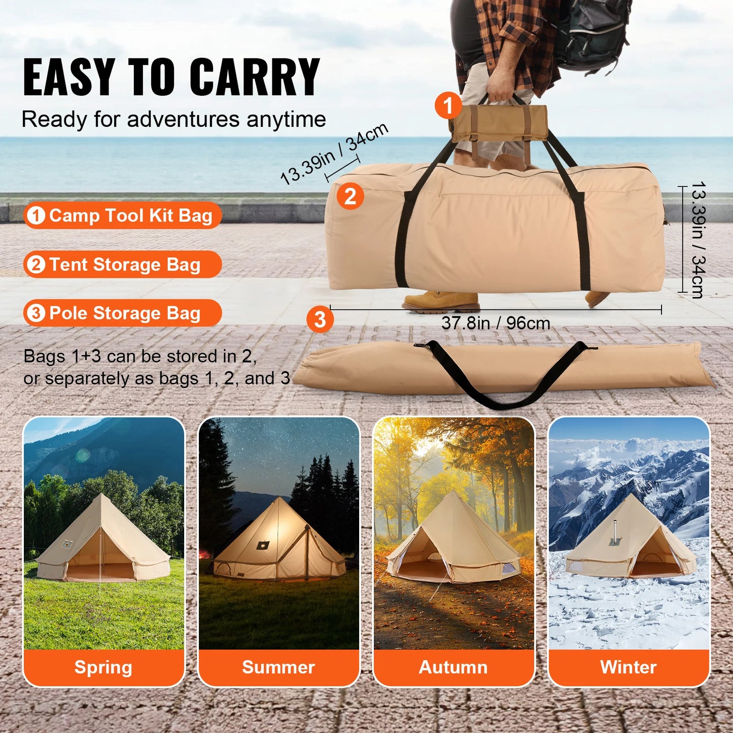 SucceBuy Canvas Bell Tent For Camping Breathable Sleeps 8 People