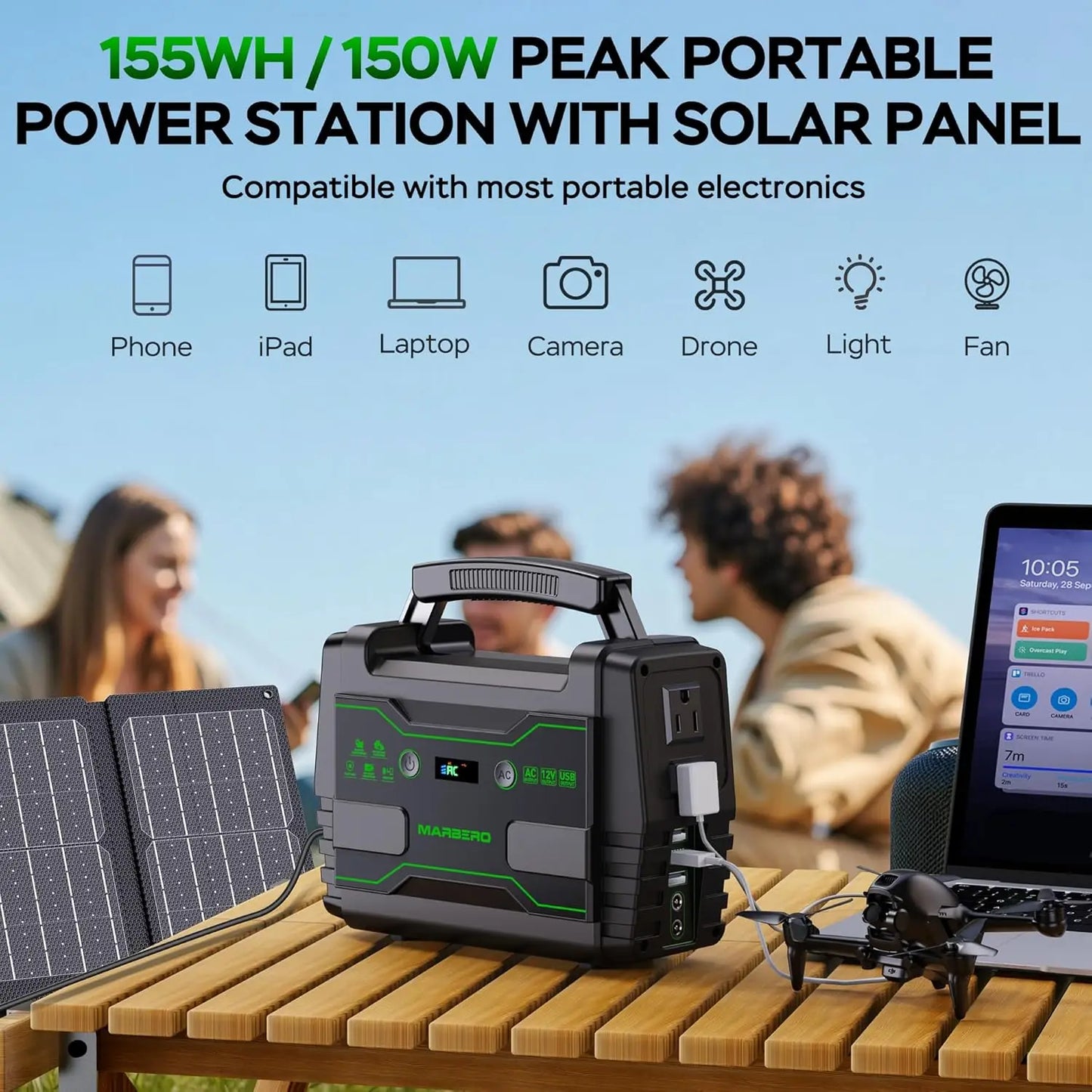 Portable 155Wh Solar Generator With 30W Panel USB QC3 2ACOutlets