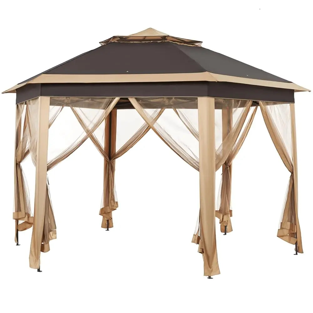 Hexagonal Pop Up Gazebo With Mesh Netting Double Tier Shelter