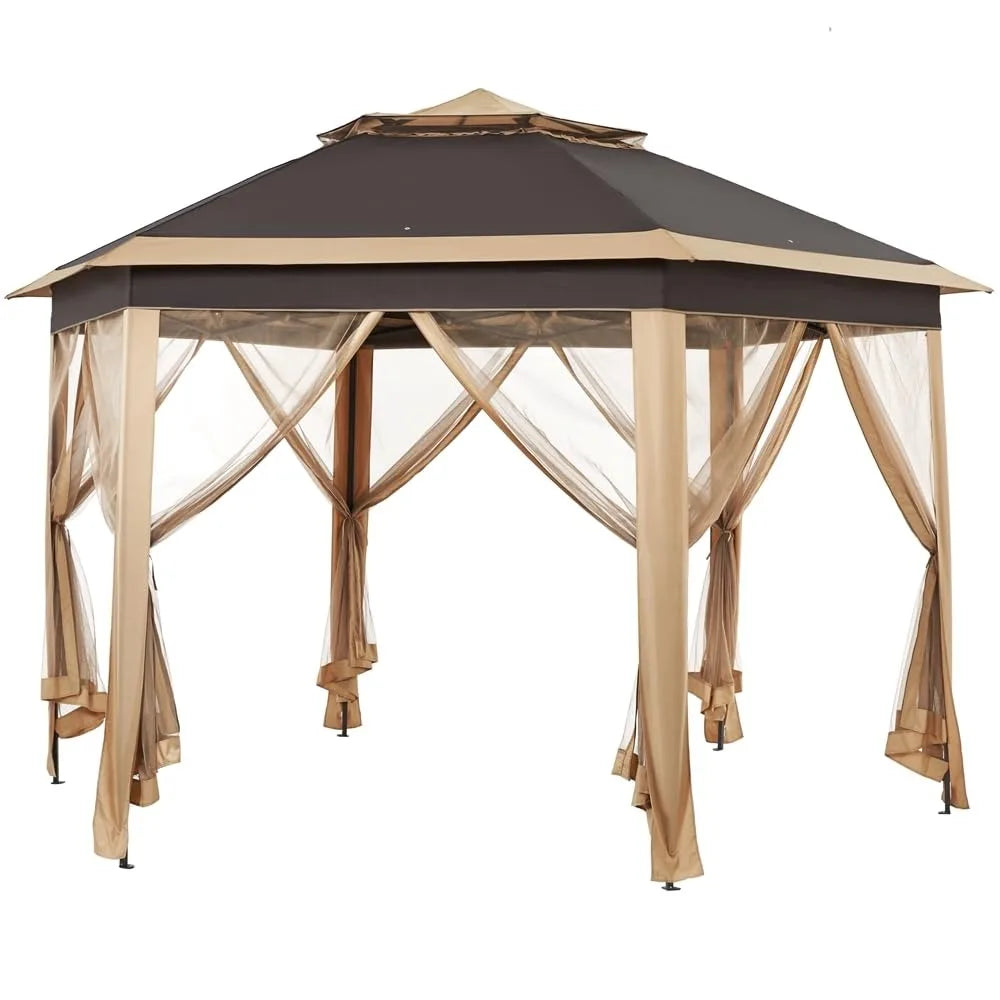 Hexagonal Pop Up Gazebo With Mesh Netting Double Tier Shelter