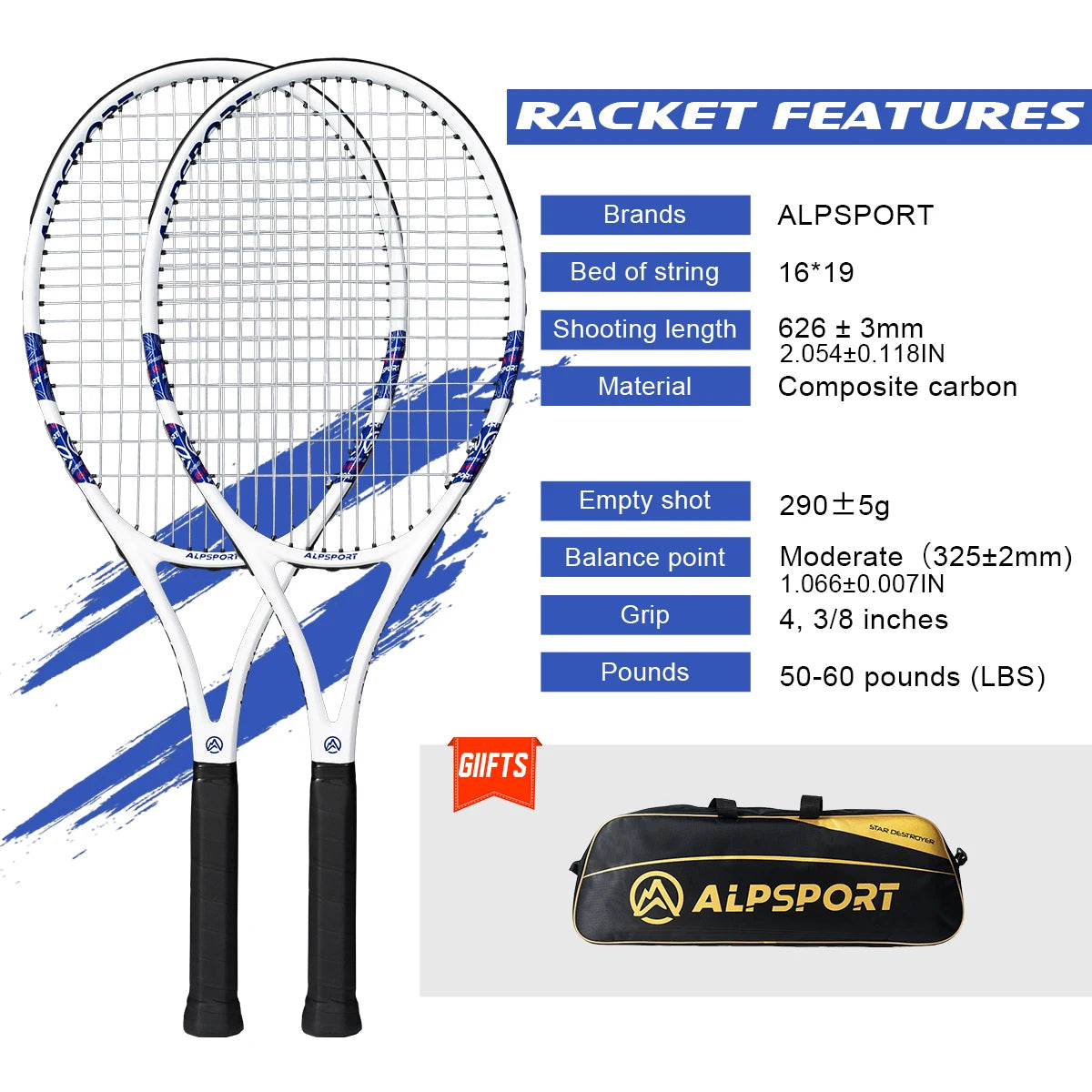ALPSPORT Carbon Fiber Tennis Racket for Professional Training and Recreation