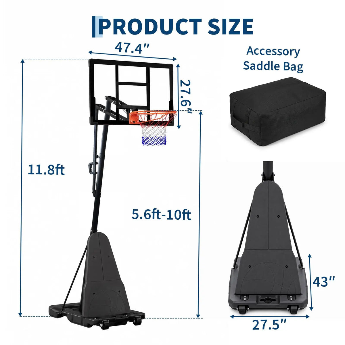 HiMISS Adjustable Portable Basketball Hoop With Fillable Base And Wheels
