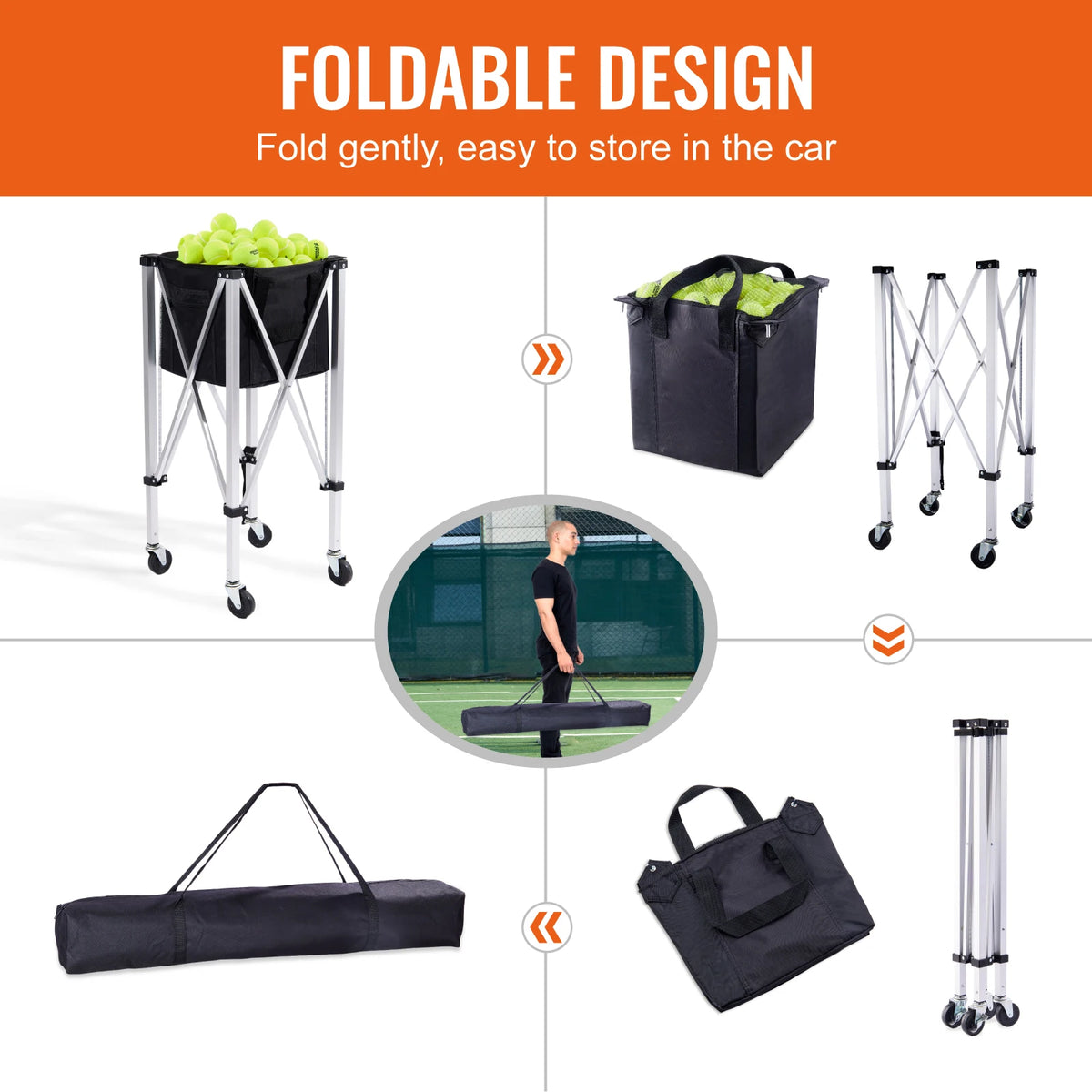 SucceBuy Foldable Tennis Ball Cart With Wheeled Basket Hopper