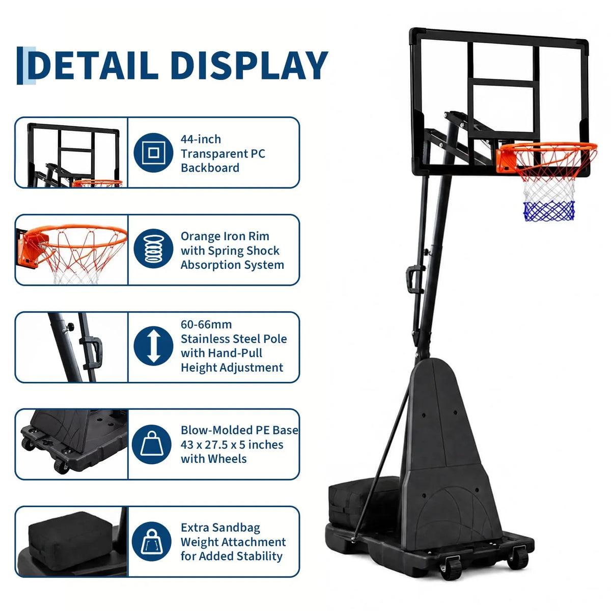 HiMISS Adjustable Portable Basketball Hoop With Fillable Base And Wheels