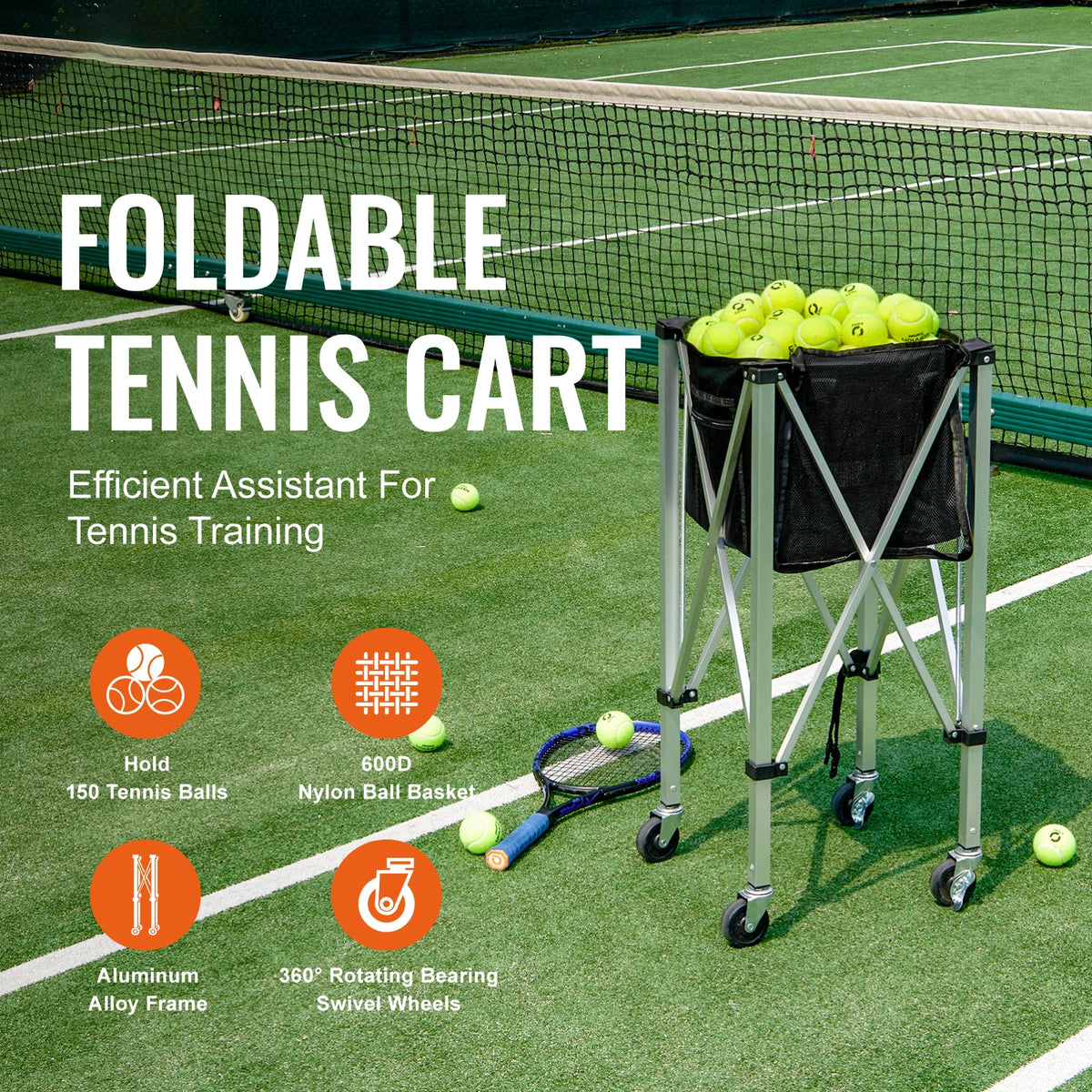 SucceBuy Foldable Tennis Ball Cart With Wheeled Basket Hopper