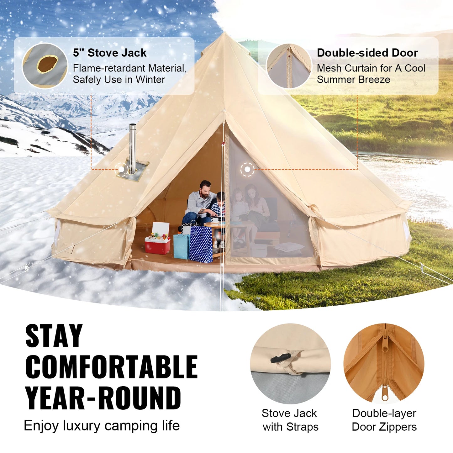 SucceBuy Canvas Bell Tent For Camping Breathable Sleeps 8 People