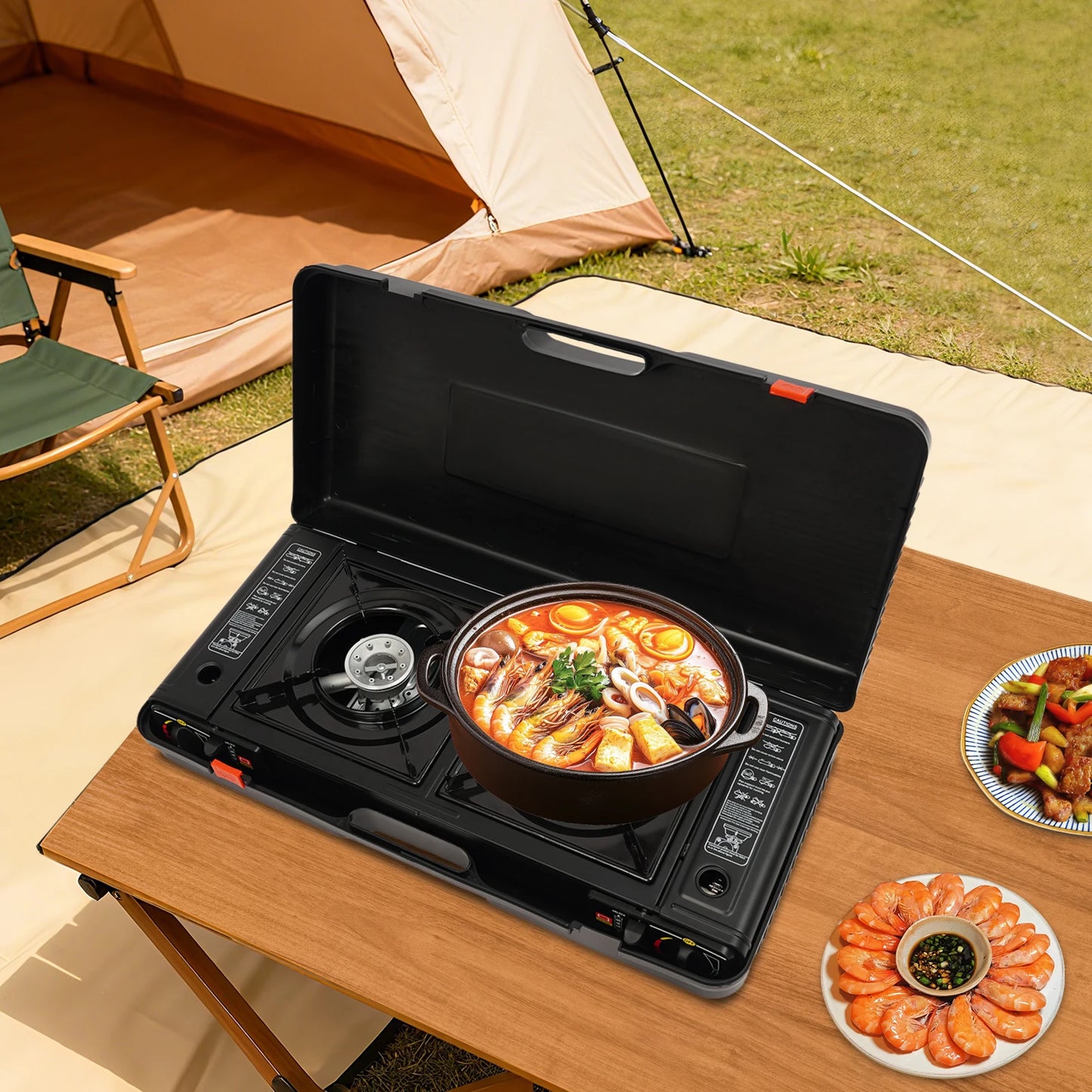 2 Burner Portable Camping Stove 2500W LPG Butane With Baking Tray