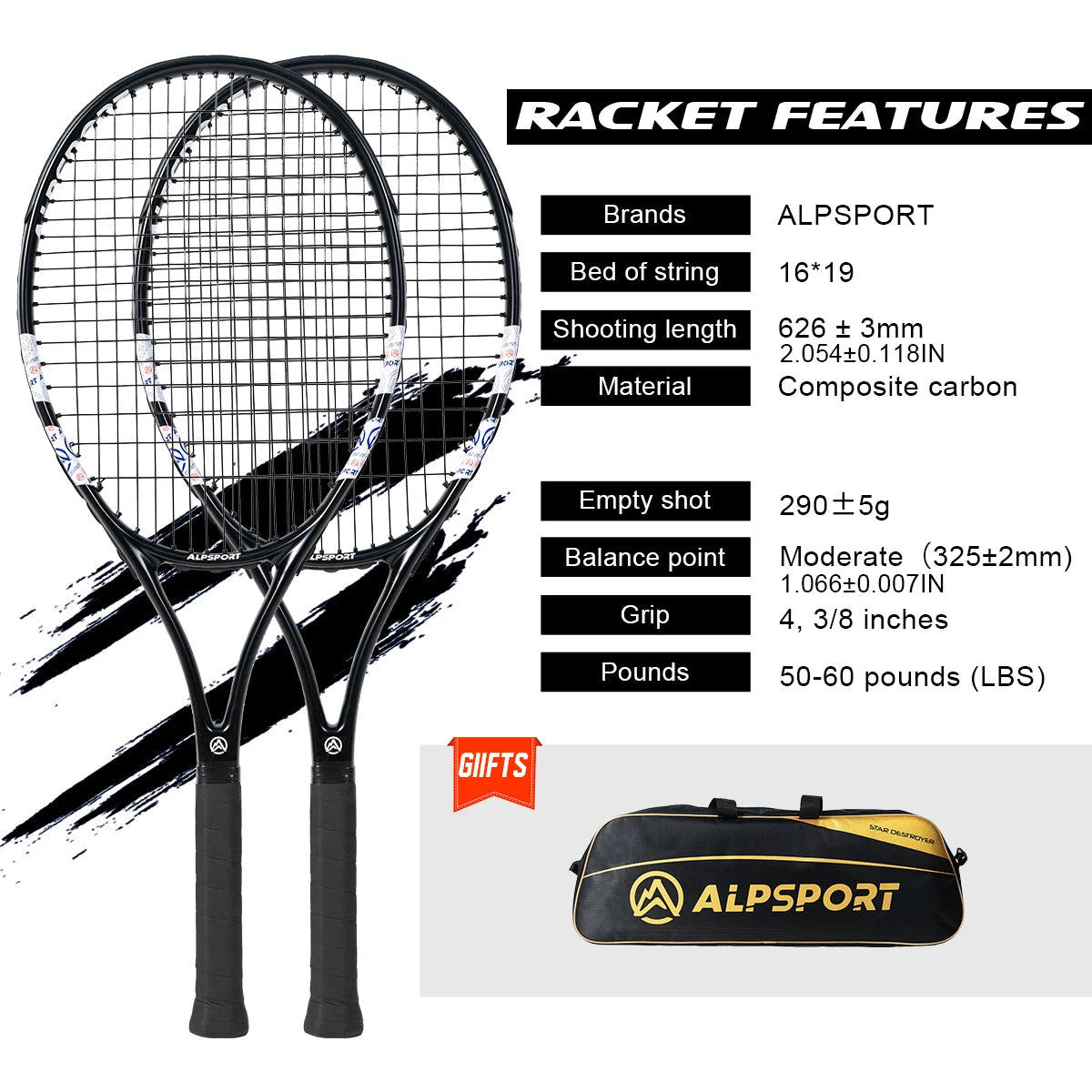 ALPSPORT Carbon Fiber Tennis Racket for Professional Training and Recreation