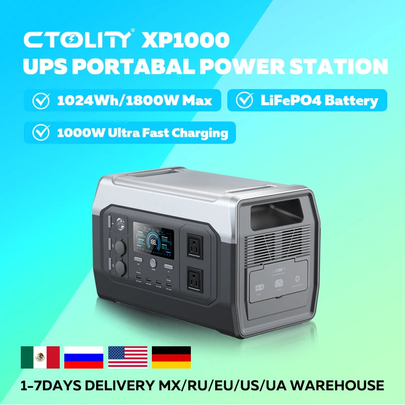 CTOLITY XP1000 1800W Portable Solar Generator Power Station LiFePO4 1024Wh