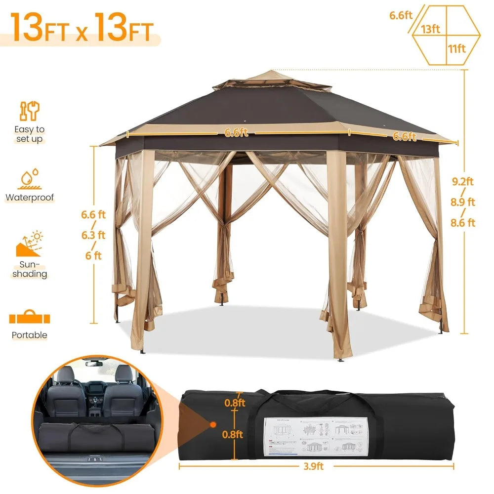 Hexagonal Pop Up Gazebo With Mesh Netting Double Tier Shelter