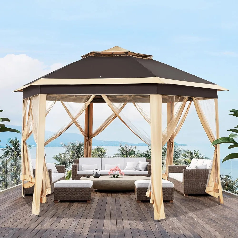 Hexagonal Pop Up Gazebo With Mesh Netting Double Tier Shelter