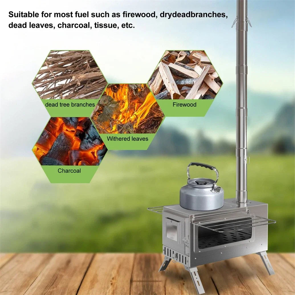 Portable Wood Burning Tent Stove With Stainless Chimney Pipes