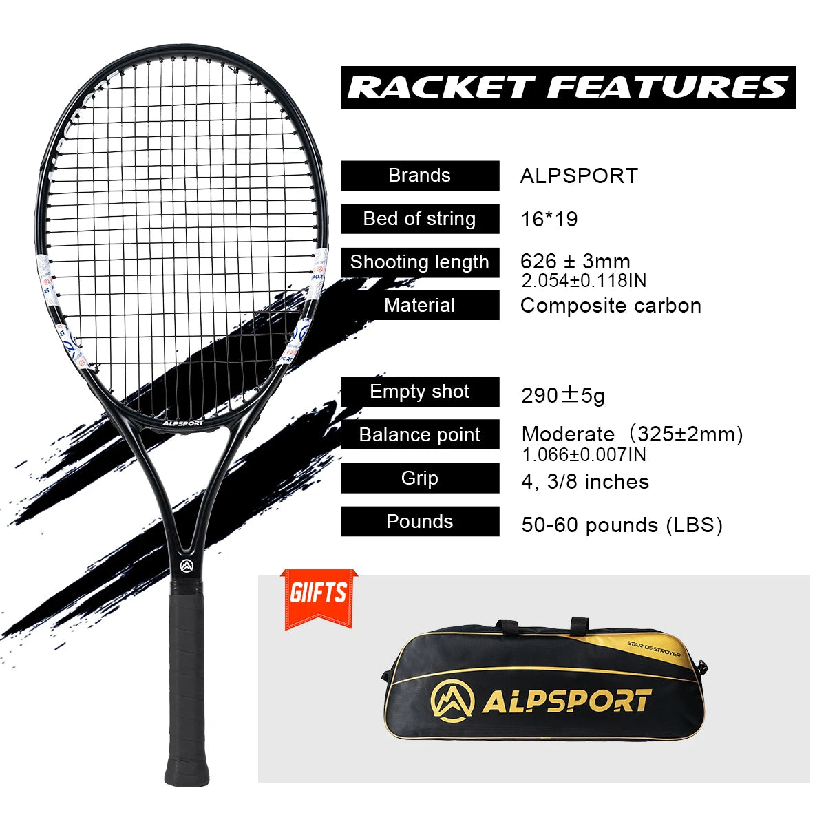 ALPSPORT Carbon Fiber Tennis Racket for Professional Training and Recreation