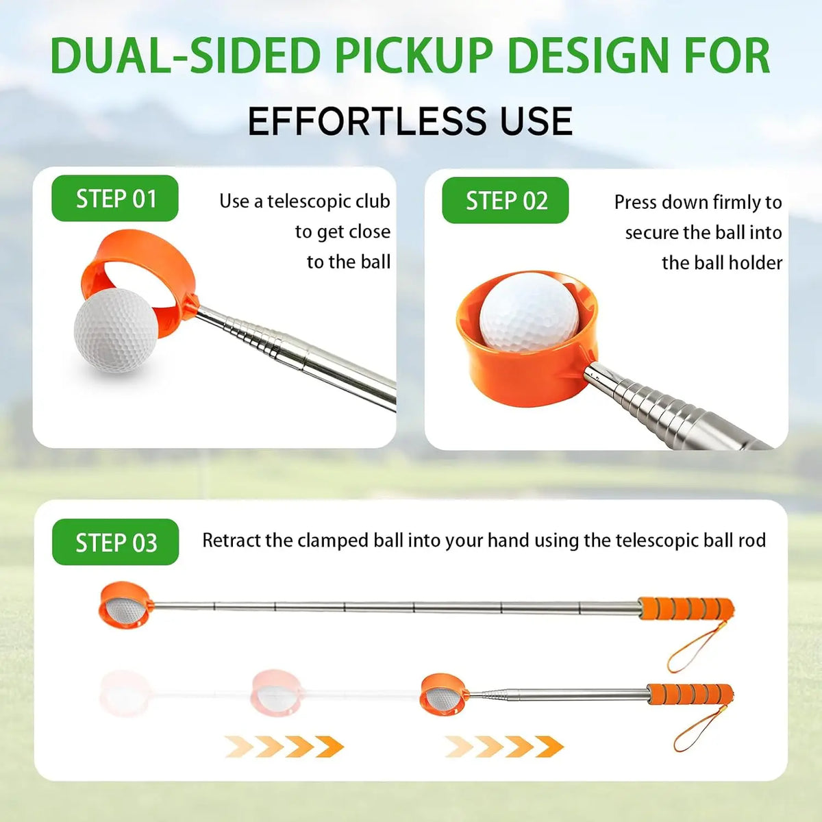 Golf Ball Retriever with Telescopic Shaft and Dual Cup Head