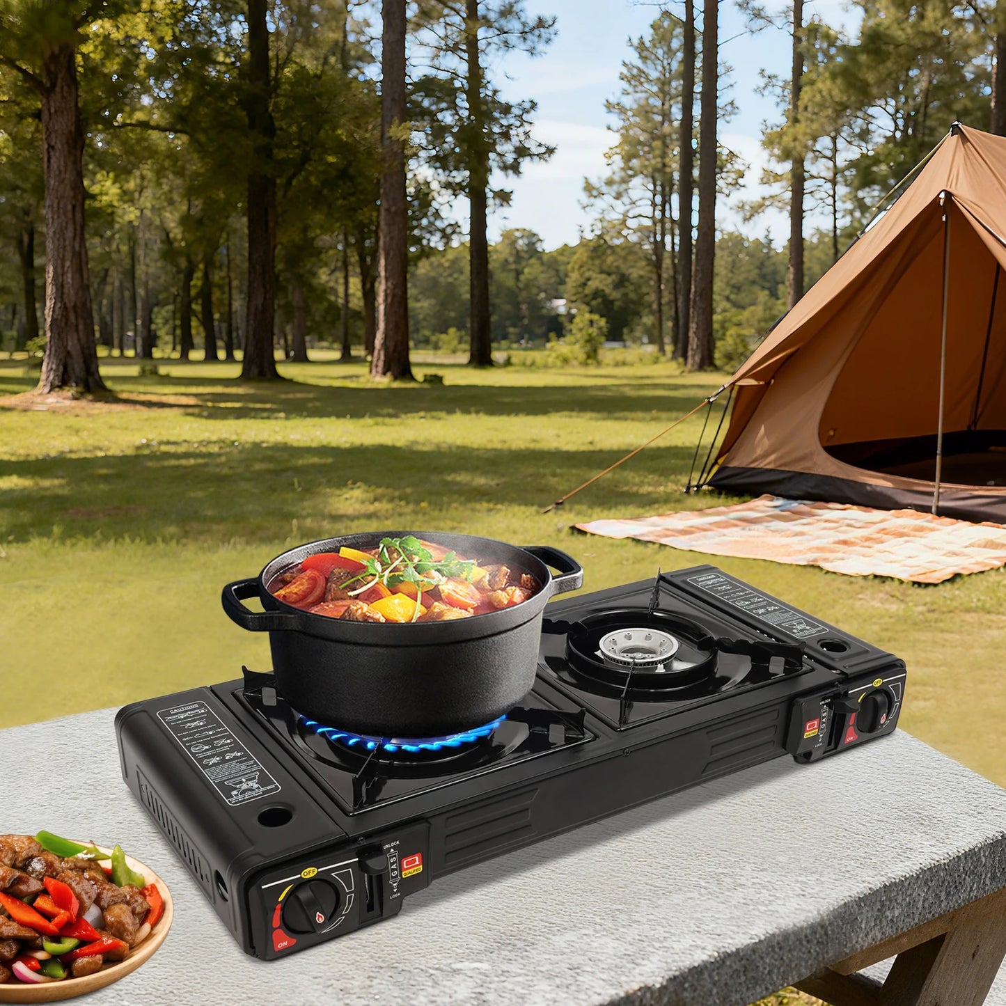 2 Burner Portable Camping Stove 2500W LPG Butane With Baking Tray