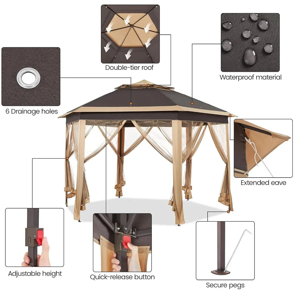 Hexagonal Pop Up Gazebo With Mesh Netting Double Tier Shelter