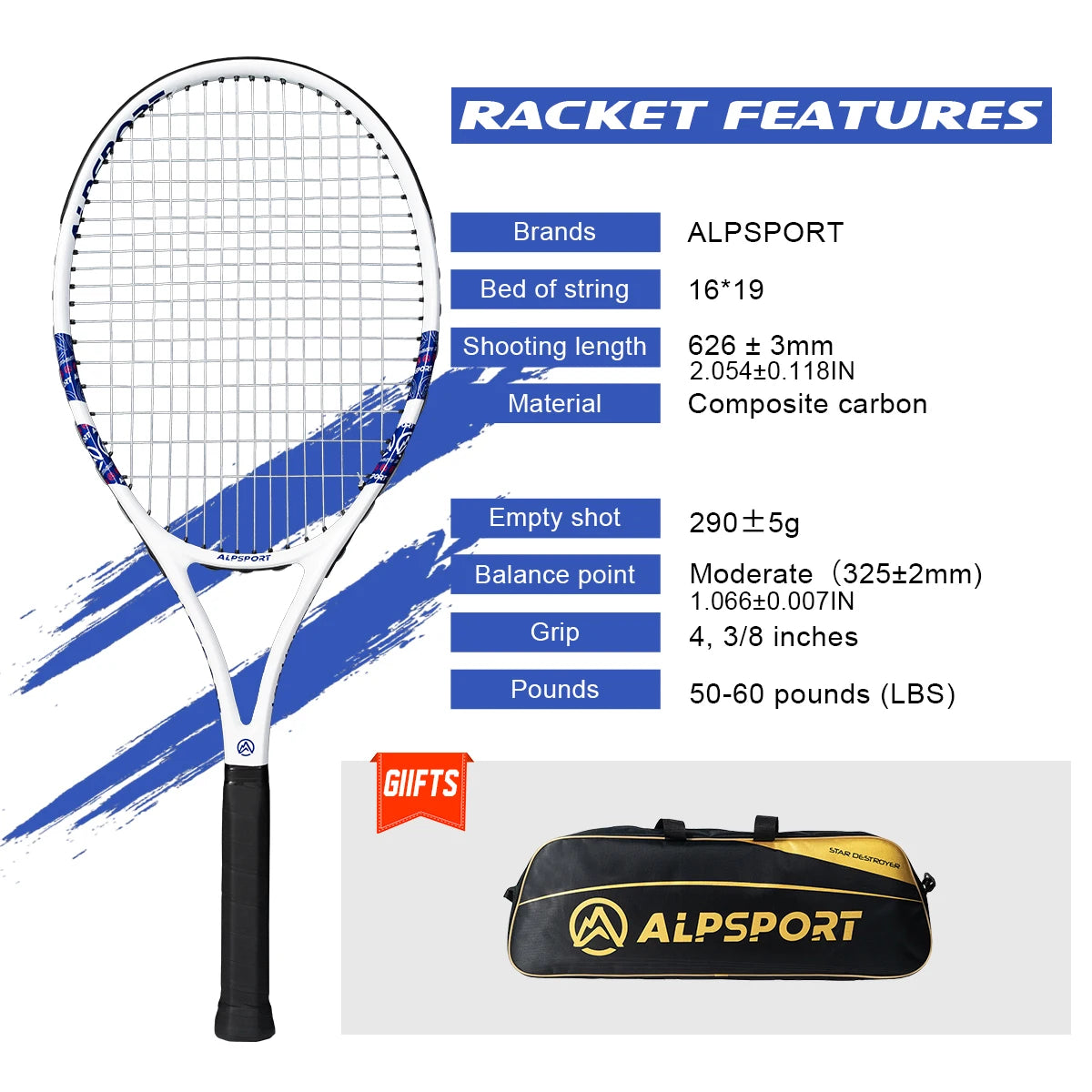 ALPSPORT Carbon Fiber Tennis Racket for Professional Training and Recreation