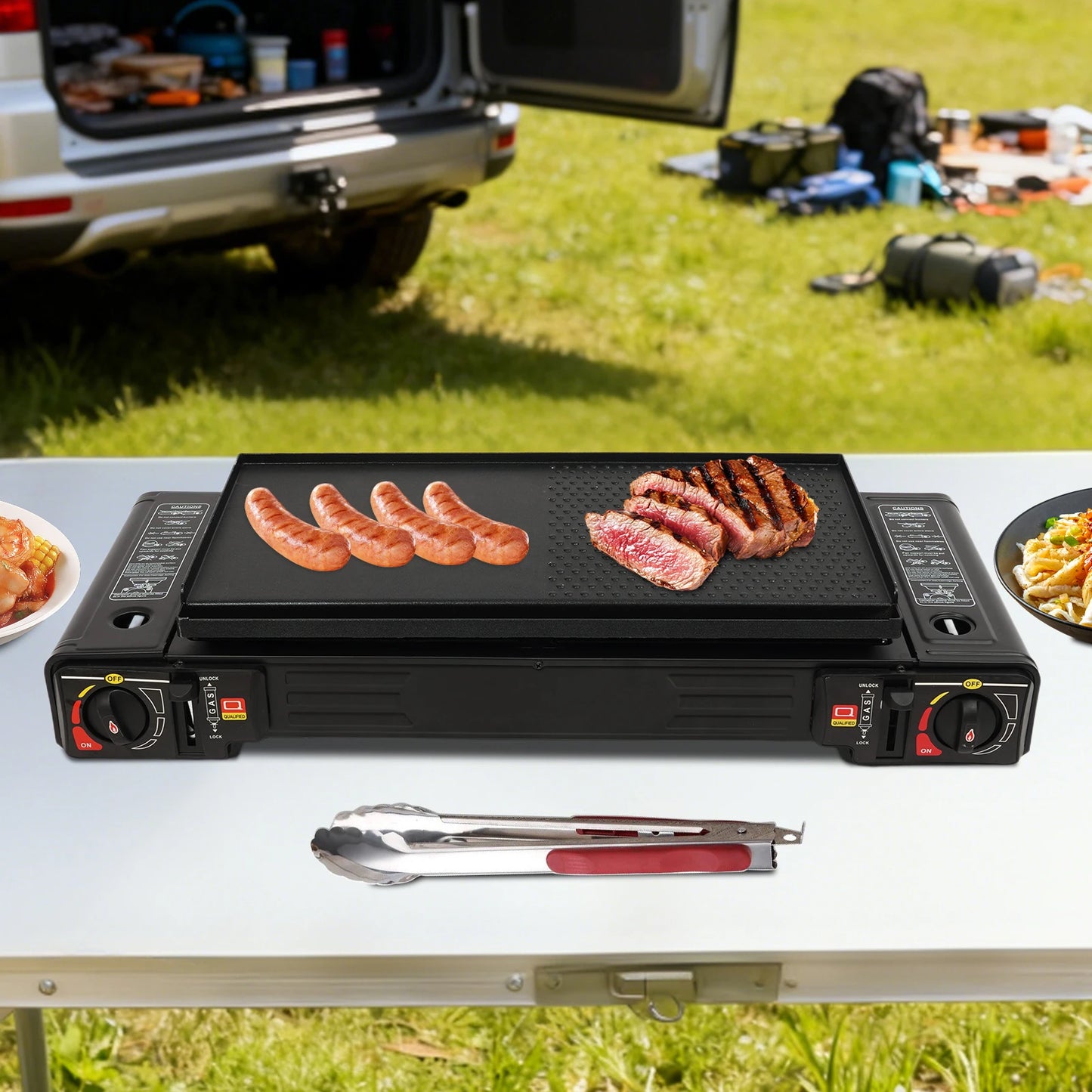 2 Burner Portable Camping Stove 2500W LPG Butane With Baking Tray