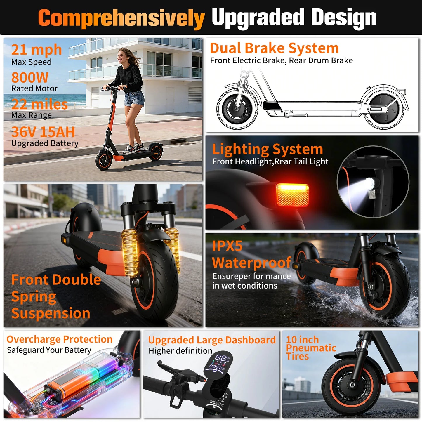 Portable Folding Electric Scooter 800W 21Mph Top Speed Daily Commuting