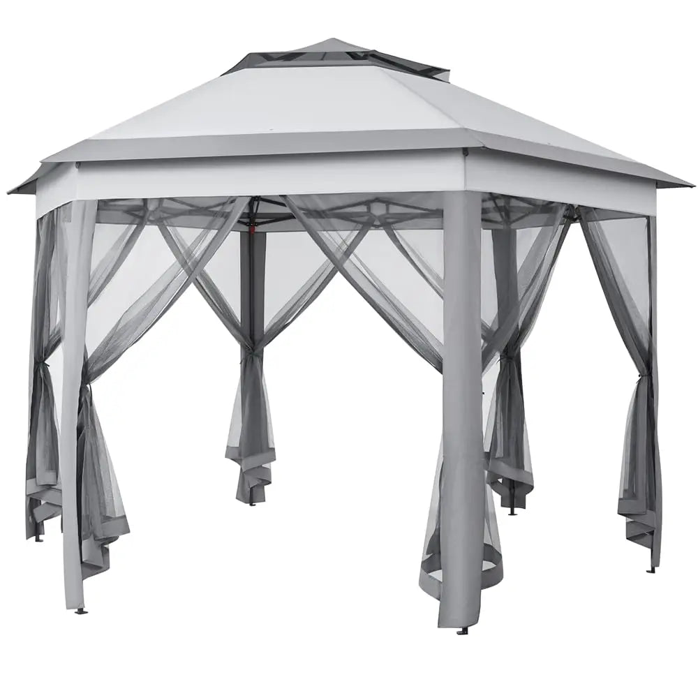Hexagonal Pop Up Gazebo With Mesh Netting Double Tier Shelter