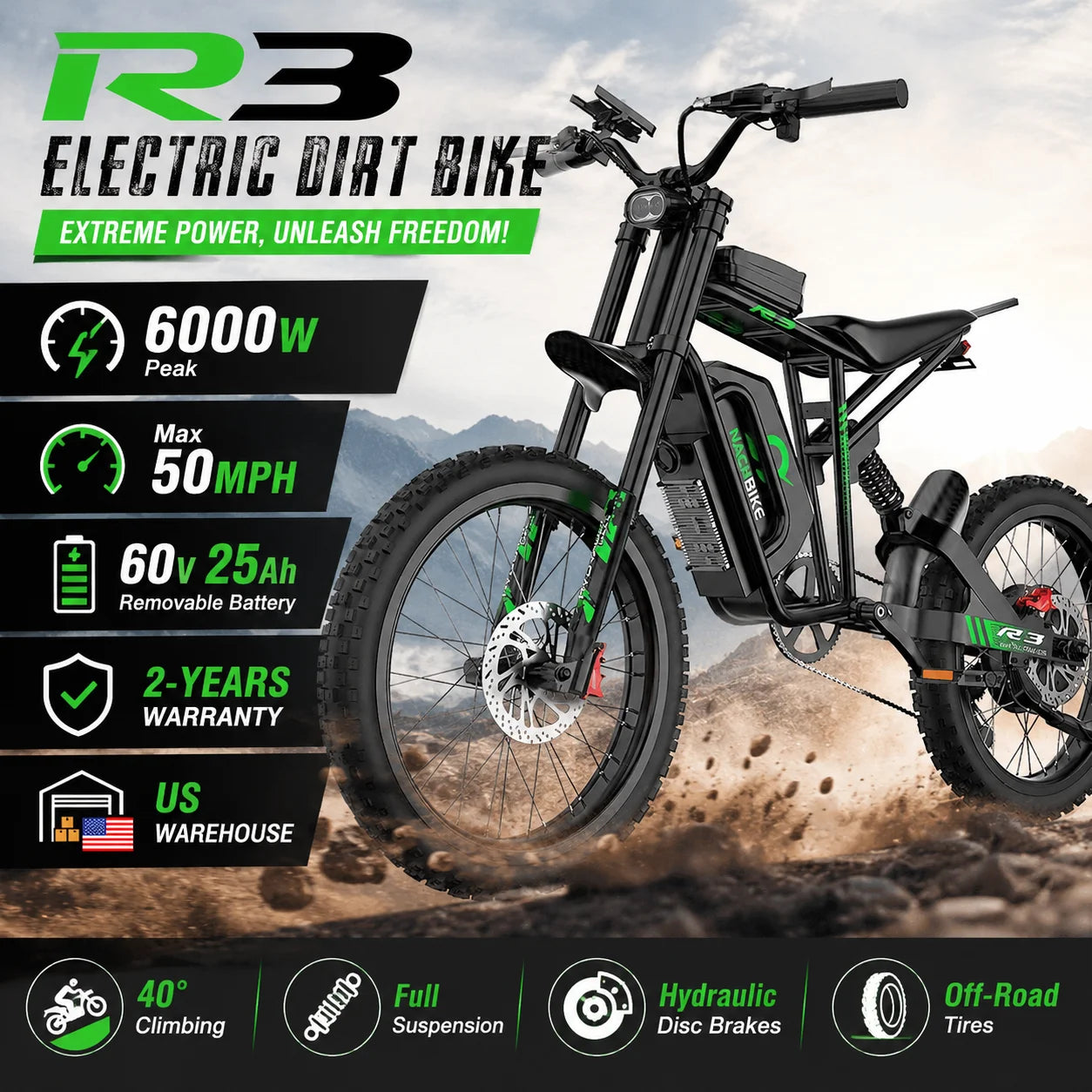 Nachbike R3 6000W Electric Dirt Bike 50 MPH 60V 25Ah