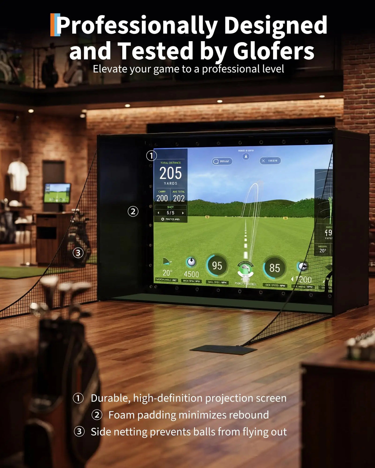 Golf Simulator Enclosure Package With Impact Screen And Safety Netting