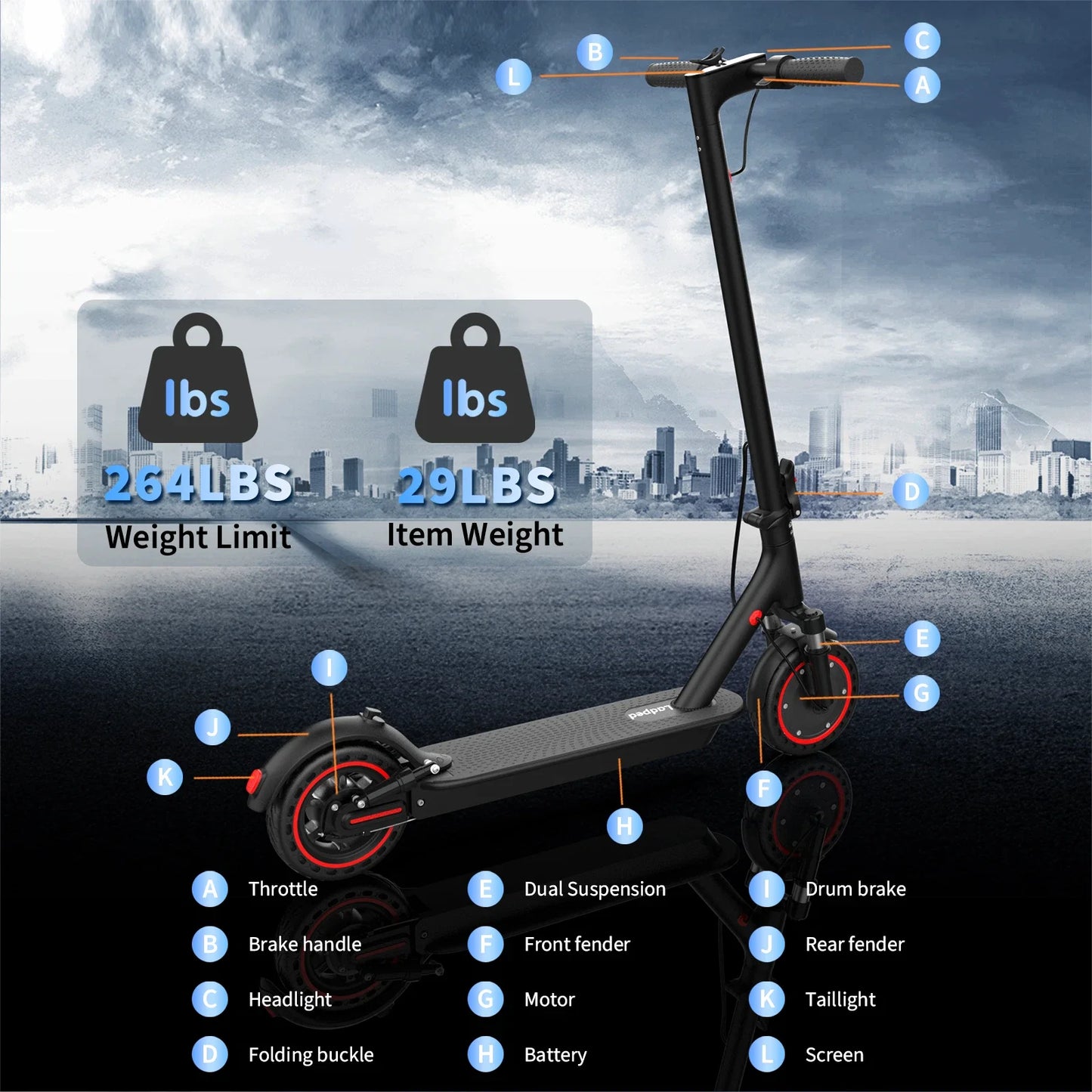 Ladped Lp07 Electric Scooter 350W Motor Smart App Control Foldable