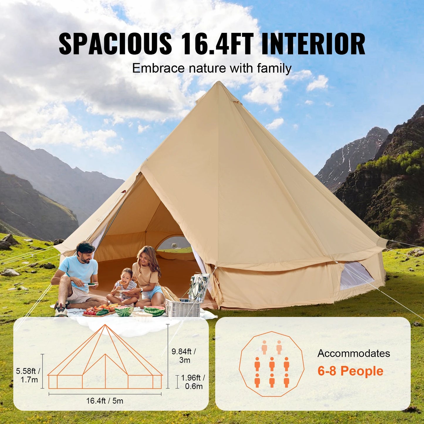 SucceBuy Canvas Bell Tent For Camping Breathable Sleeps 8 People