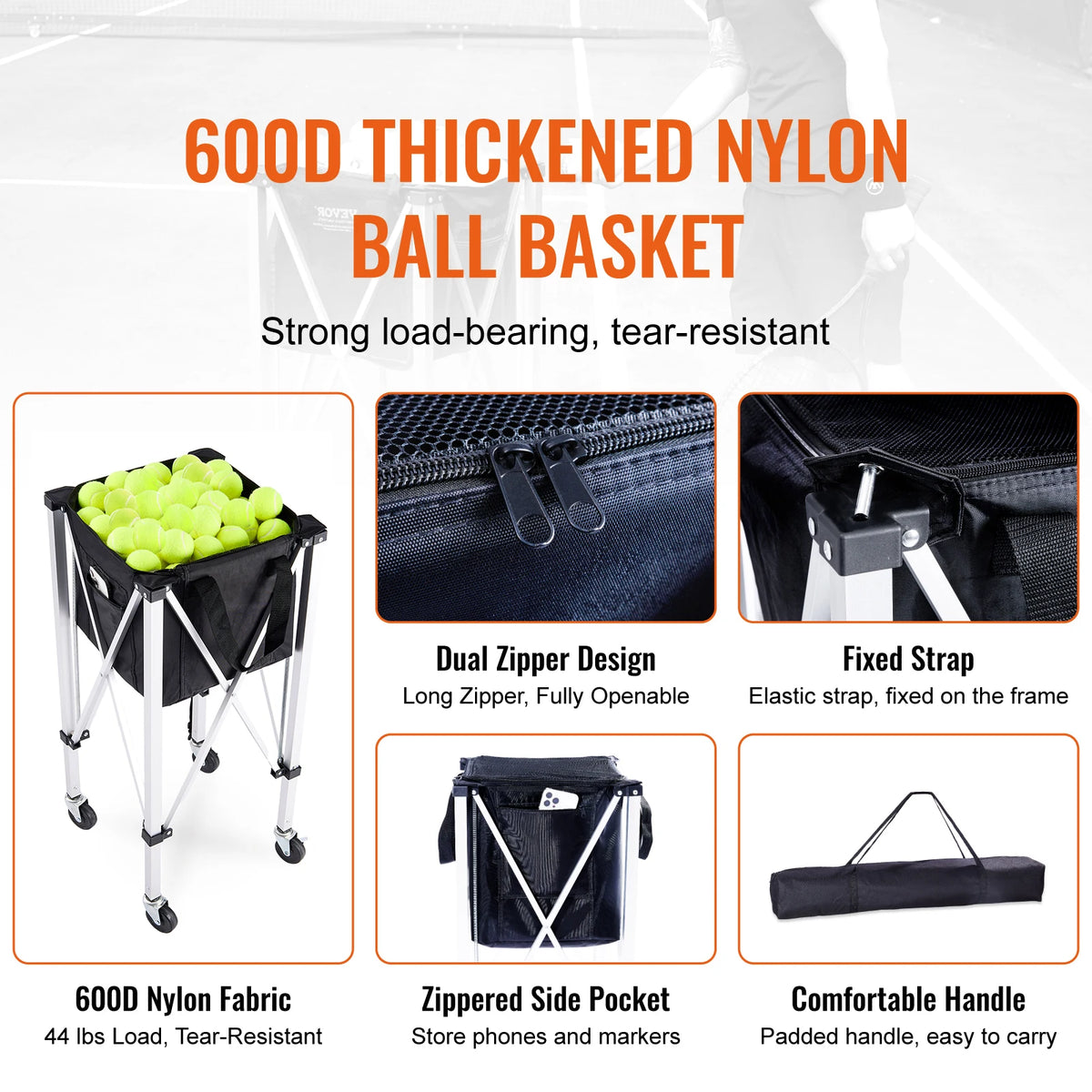 SucceBuy Foldable Tennis Ball Cart With Wheeled Basket Hopper