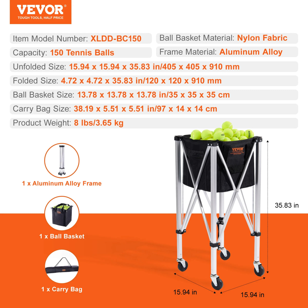 SucceBuy Foldable Tennis Ball Cart With Wheeled Basket Hopper