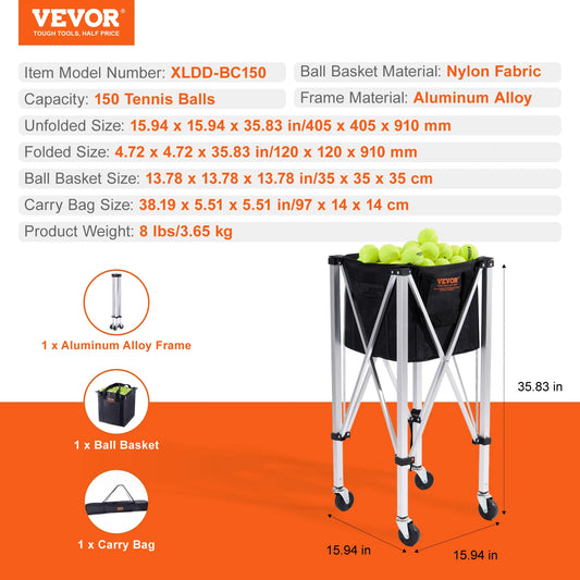SucceBuy Foldable Tennis Ball Cart With Wheeled Basket Hopper
