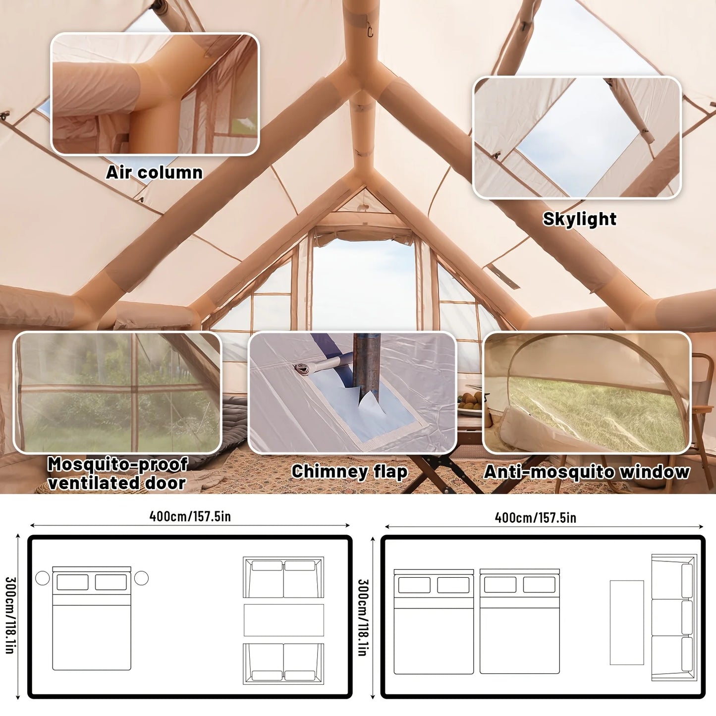 Inflatable Camping Tent With Skylight And Breathable Mesh Design