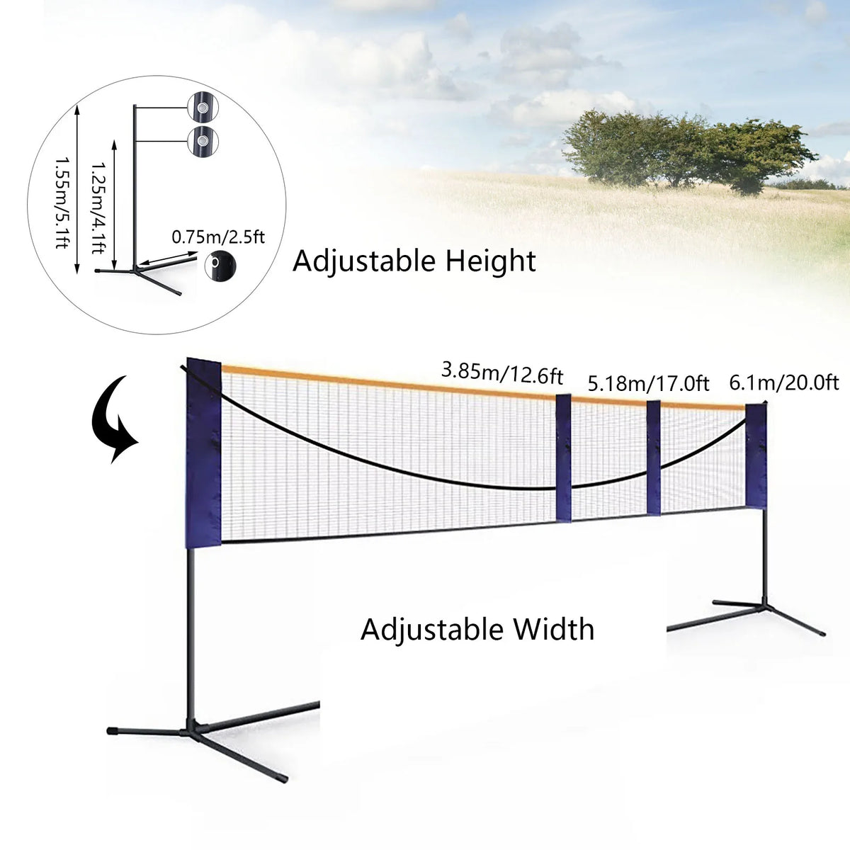Adjustable Portable Multi Sport Badminton Volleyball Tennis Net Set with Steel Stand