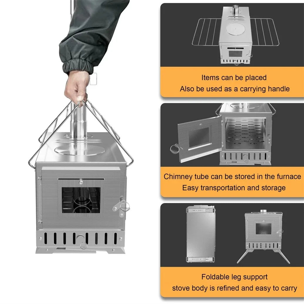 Portable Wood Burning Tent Stove With Stainless Chimney Pipes