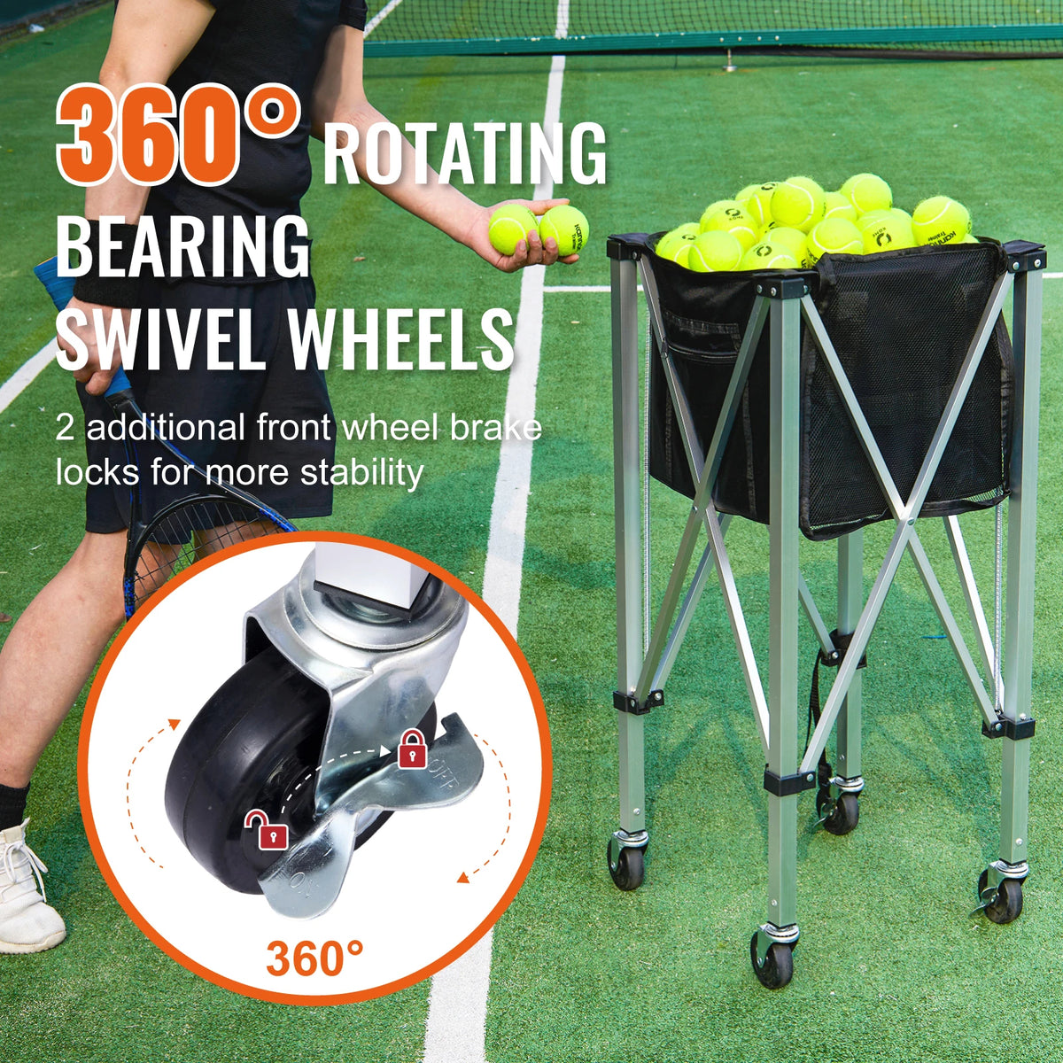 SucceBuy Foldable Tennis Ball Cart With Wheeled Basket Hopper